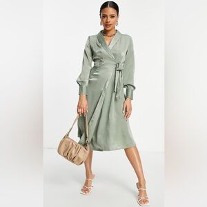 Unique 21 Satin Wrap Midi Dress in Sage